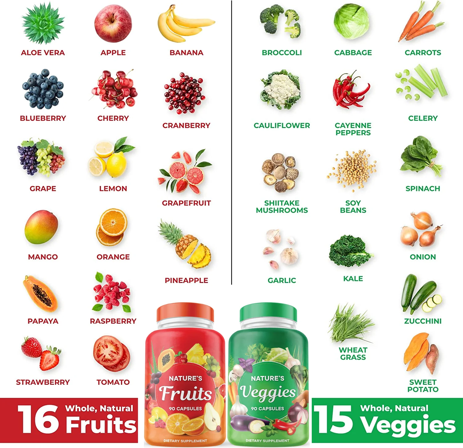 Private Label Fruits and Veggies Whole Food Supplement with Superfood 90 Fruit Capsules 90 Veggie Capsules