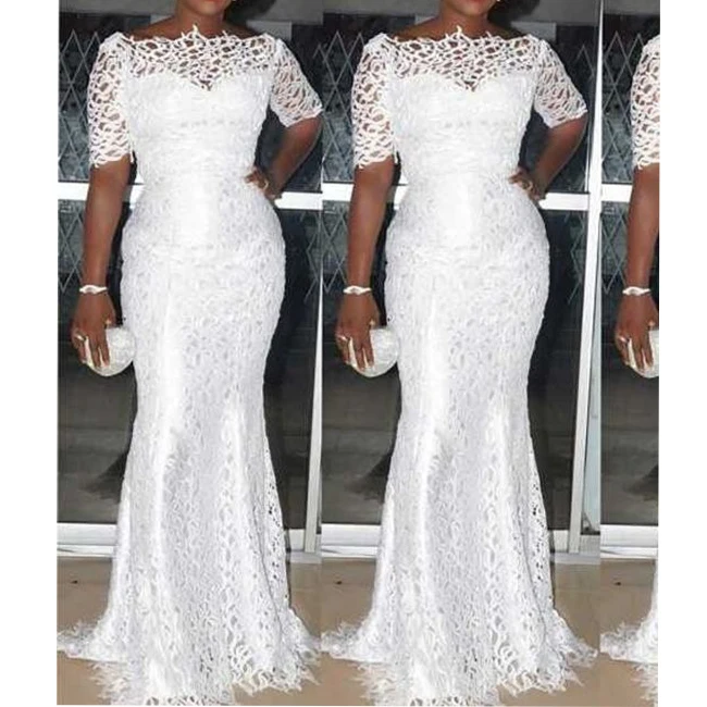 Temperament One Line Shoulder Bride Fishtail Wedding Dress Lace Slim Tail Wedding Dress Simple Lace-up Wedding Dress