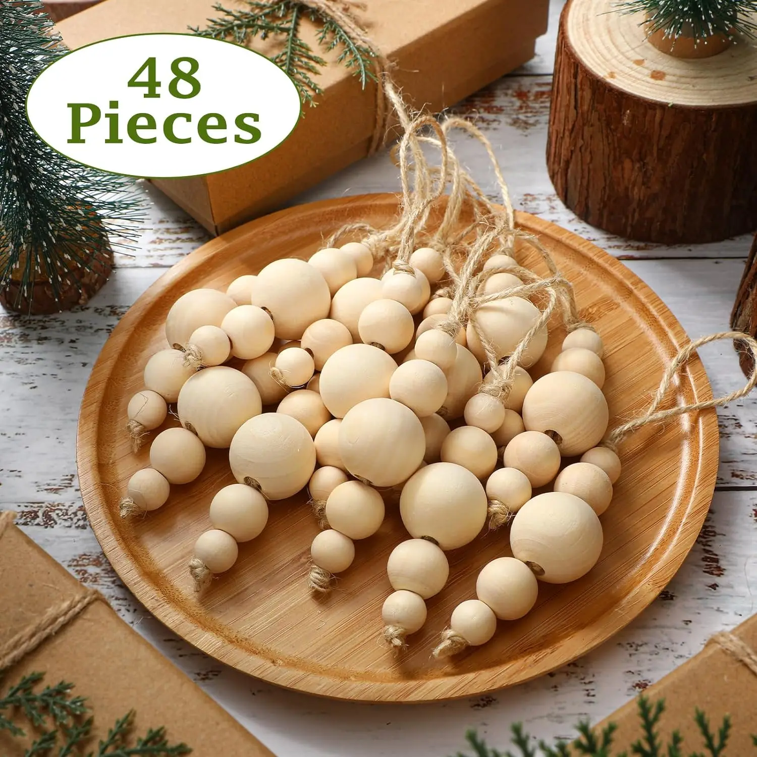 48 pieces of Christmas wood beads Decorate Farmhouse Christmas Tree ornaments Wooden decorations Christmas hanging beaded wreath