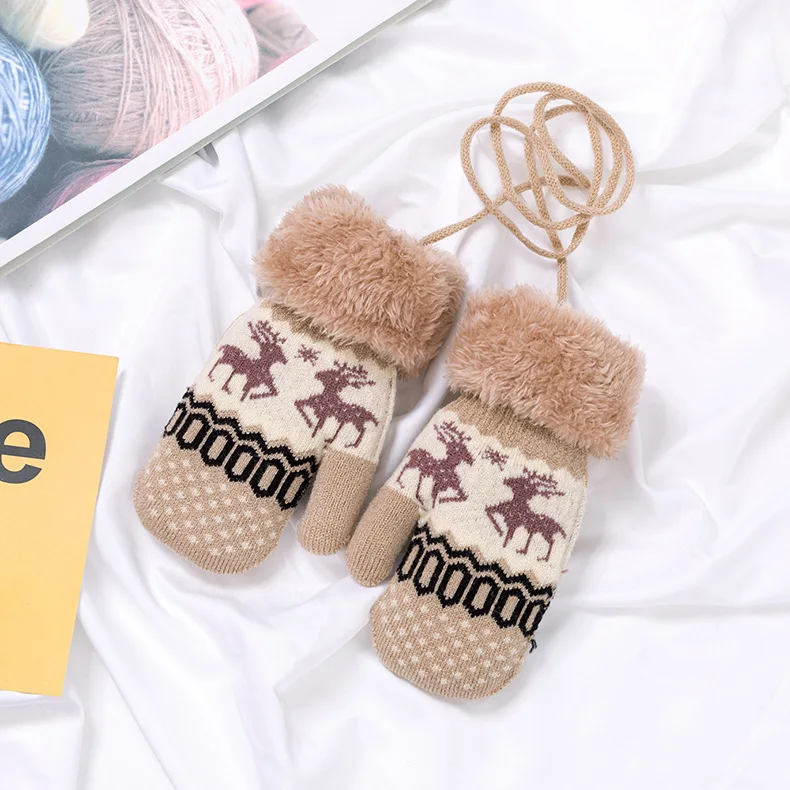 Full Finger Kids Gloves Winter Warm Knitted Mittens Plush Thicken Christmas Gloves For Infant Boys Girls