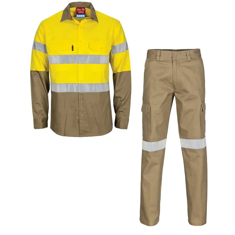 Custom Men Industrial Security Workwear Shirts Long Sleeve Hi Vis Cotton Construction Reflective Safety Works Shirt