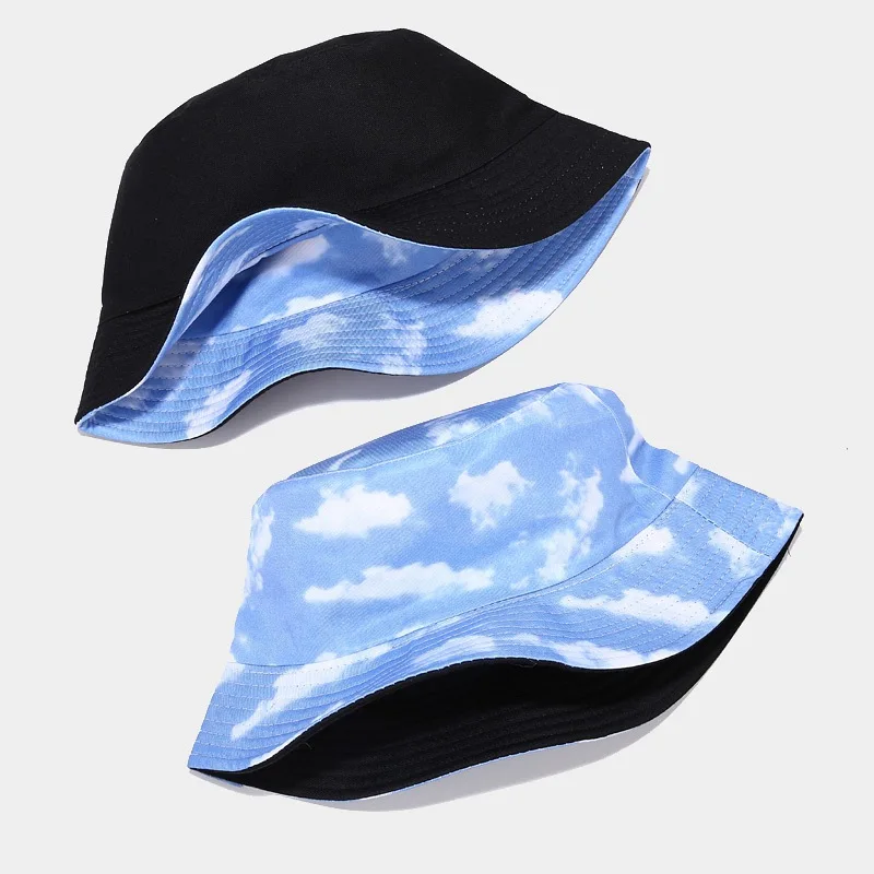 New Blue Sky and White Clouds Fisherman Hat Female Outdoor Leisure Reversible Cheap Bucket Hat Custom logo for Women RTS  Blank