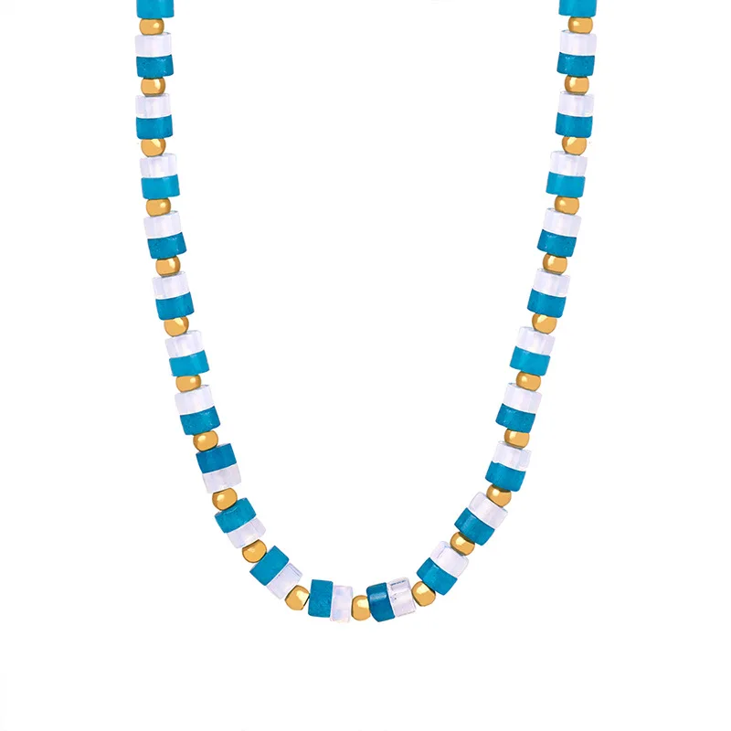 Bohemian Style Niche Personality Natural Marble Deep-sea Sapphire Beads Handmade Titanium Steel Necklace