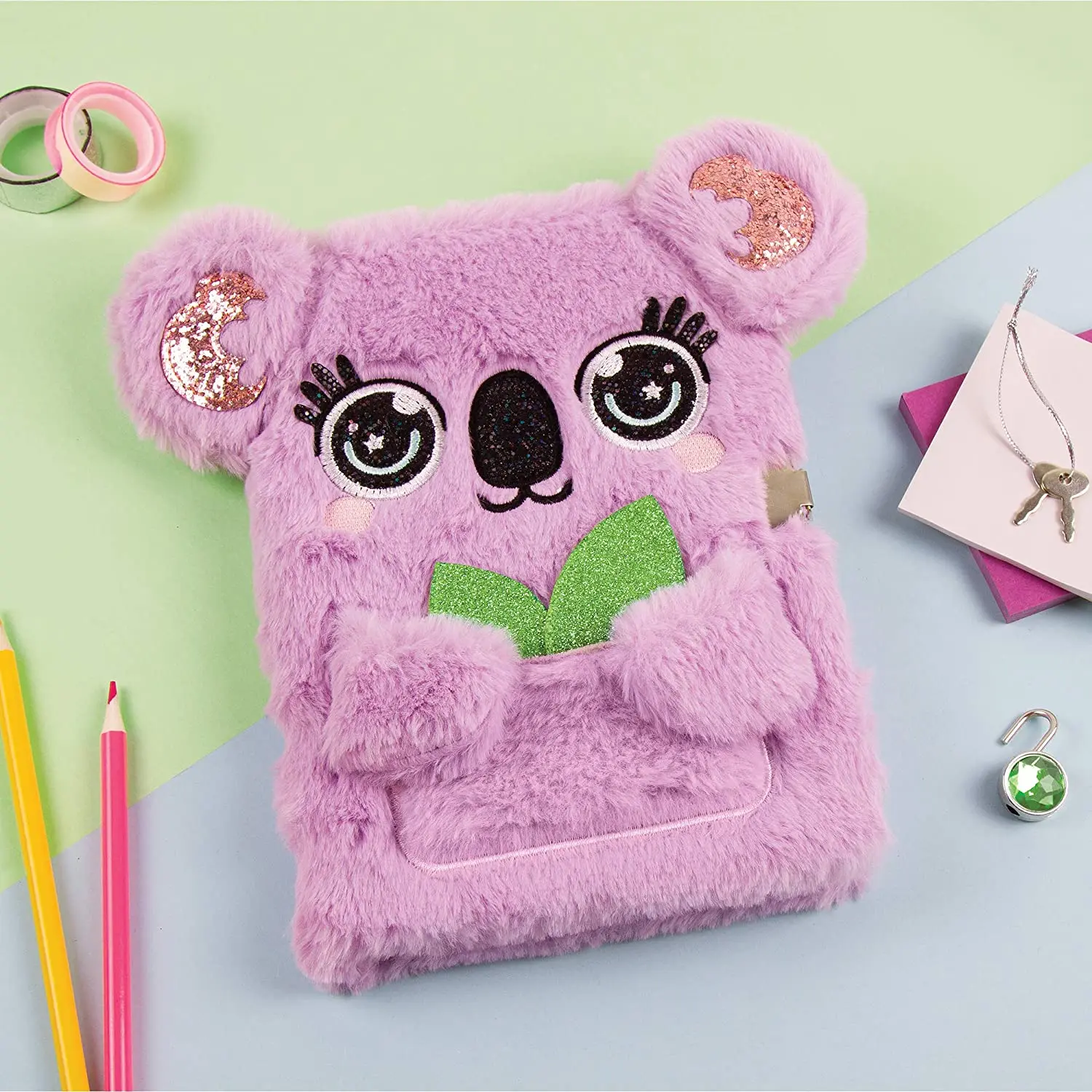 Wholesale  Koala Plush Locking Journal Fluffy Secret Diary with Gem Lock and 2 Keys