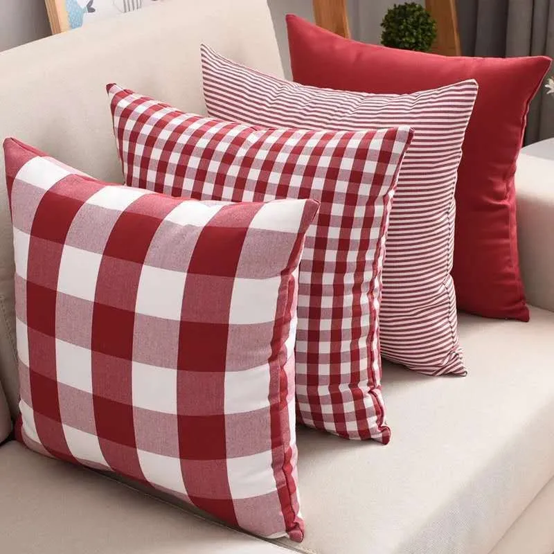 Wholesale Decorative Cute Checkered Cotton Linen Trow Pillow Cover 18*18 With Zipper