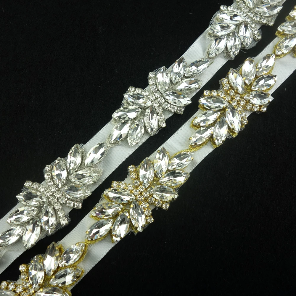 unique leaves design handmade clear crystal ribbon tie-up sash belt wedding dress belt rhinestone sash belt