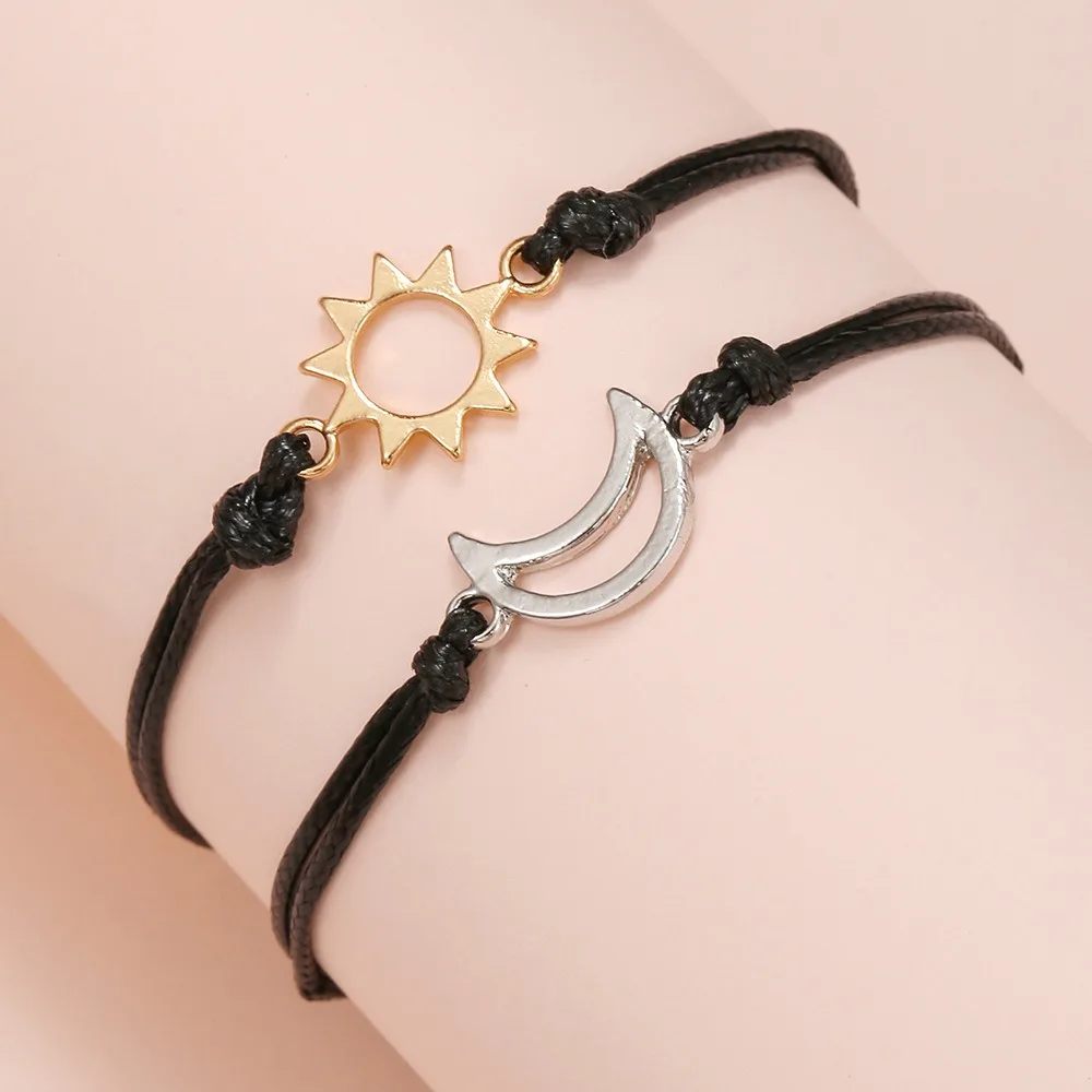 18k Gold Silver Mixed Color Sun and Moon Wax Wire Woven Adjustable Couple Bracelet Friendship Bracelets With Card