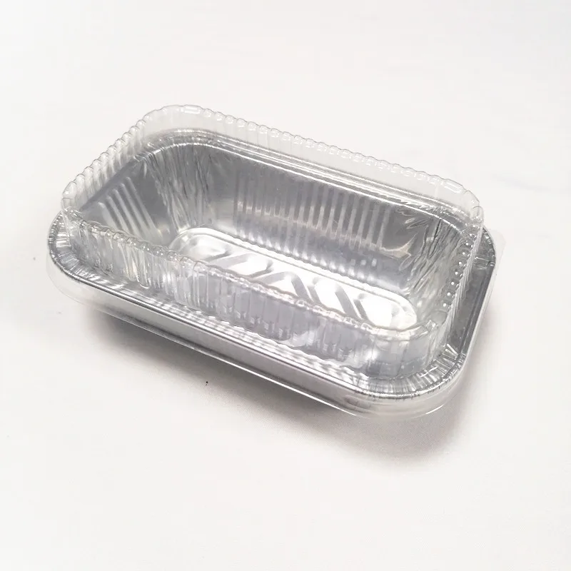 Full curved edge 250ml rectangular disposable aluminum foil pet food boxes with clear lids foil baking trays aluminum loaf pans