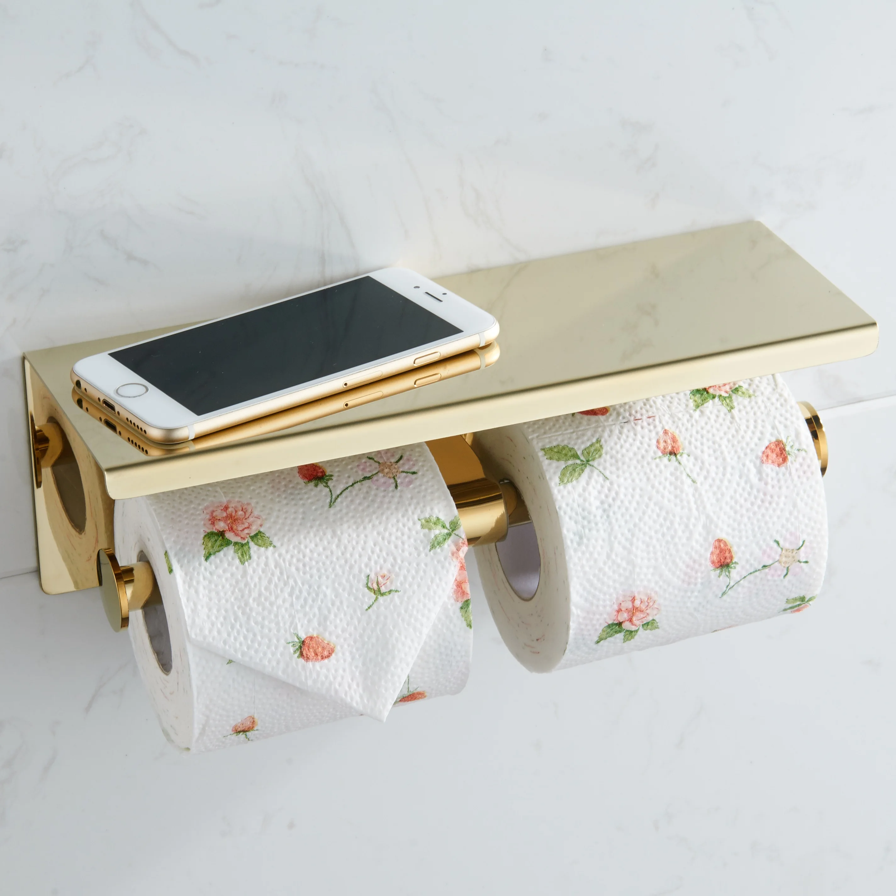 304 Stainless Steel Wall Mounted Gold Plated Paper Toilet Holder With Mobile Phone Shelf