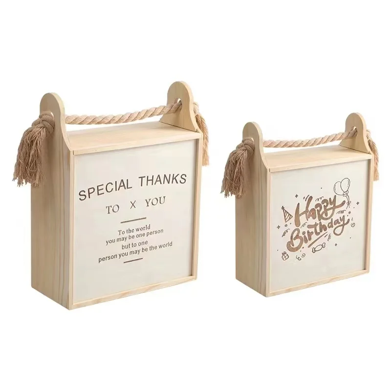 JUNJI оптовая продажа деревянная праздничная подарочная корзина коробка с гравировкой для хранения ручкой из веревки НЕОБРАБОТАННАЯ сосновая