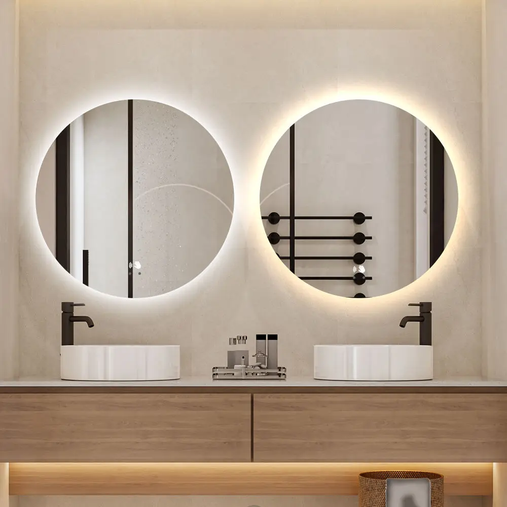 Frameless Illuminated Defogger Round Wall Mirrors, Digital Mirror Bathroom LED Mirror