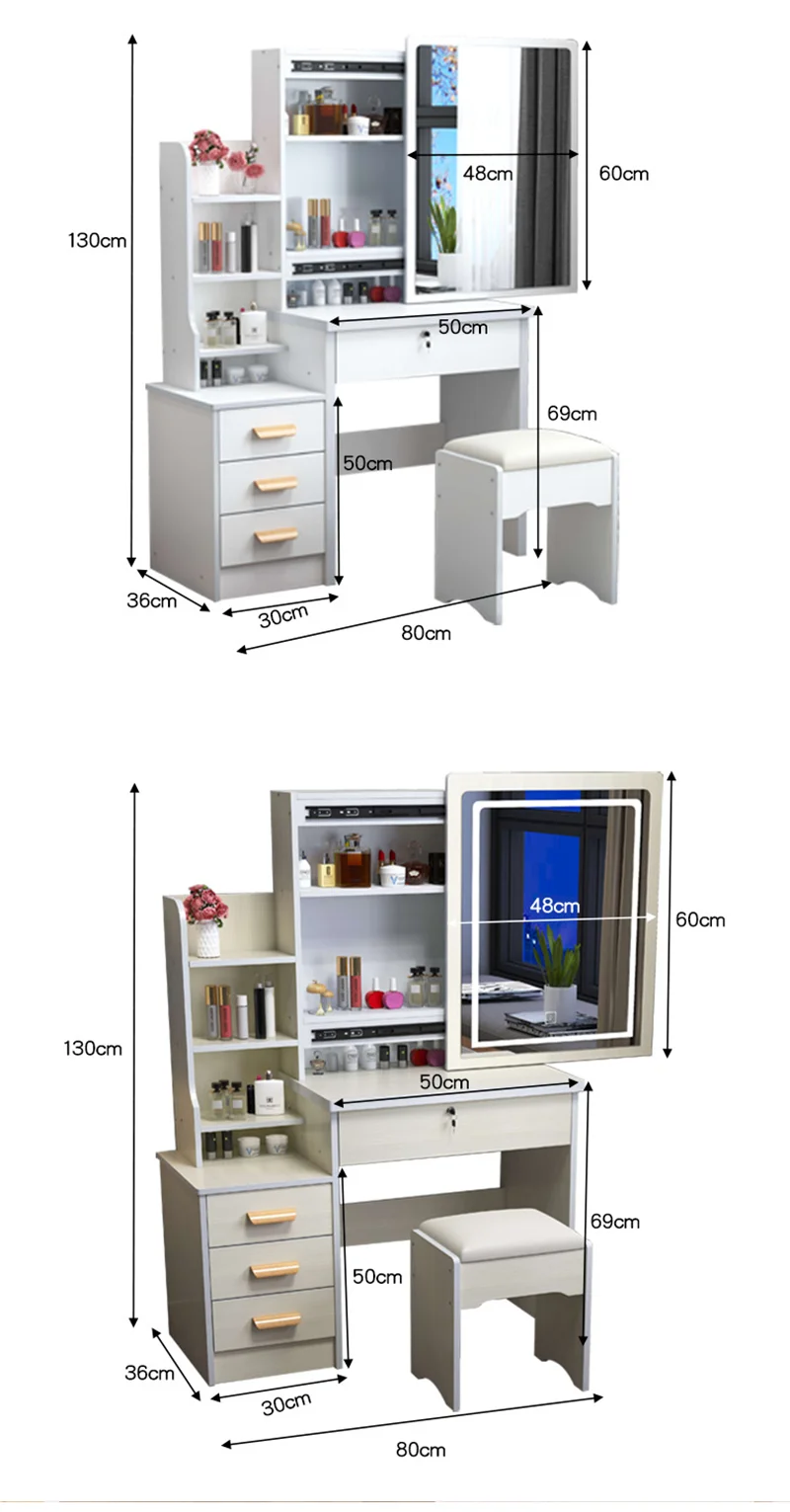 Durable Modern Light Up European Drawers Storage Dressers Nordic White Vanity Makeup Dressing Table With Mirror Lock And Stool