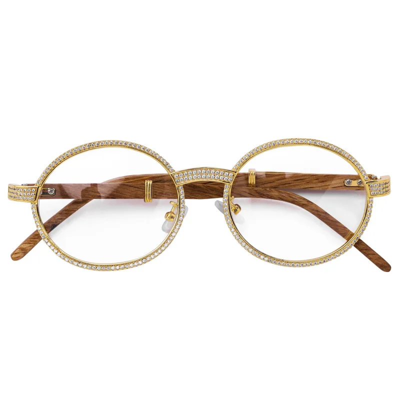 Fashion Jewelry Bling Bling Full Iced Out Glasses HipHop Lab Diamond Eyeglass With Wooden Temple