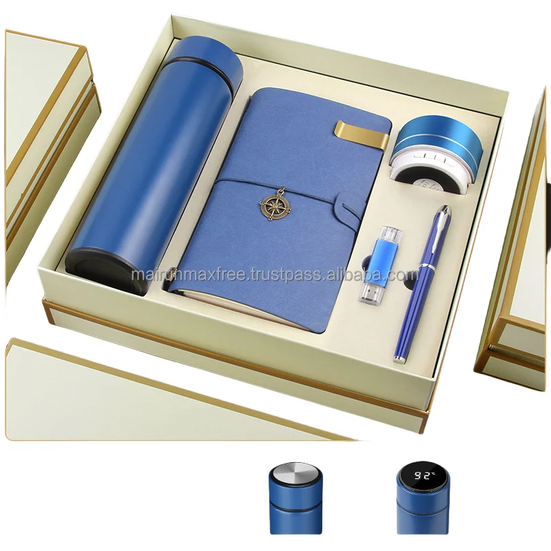 Without MOQ  2021 New Arrival A5 Notebook + vacuum flask + USB flash drive + pen + A5 notebook + speaker + power bank Gifts Set