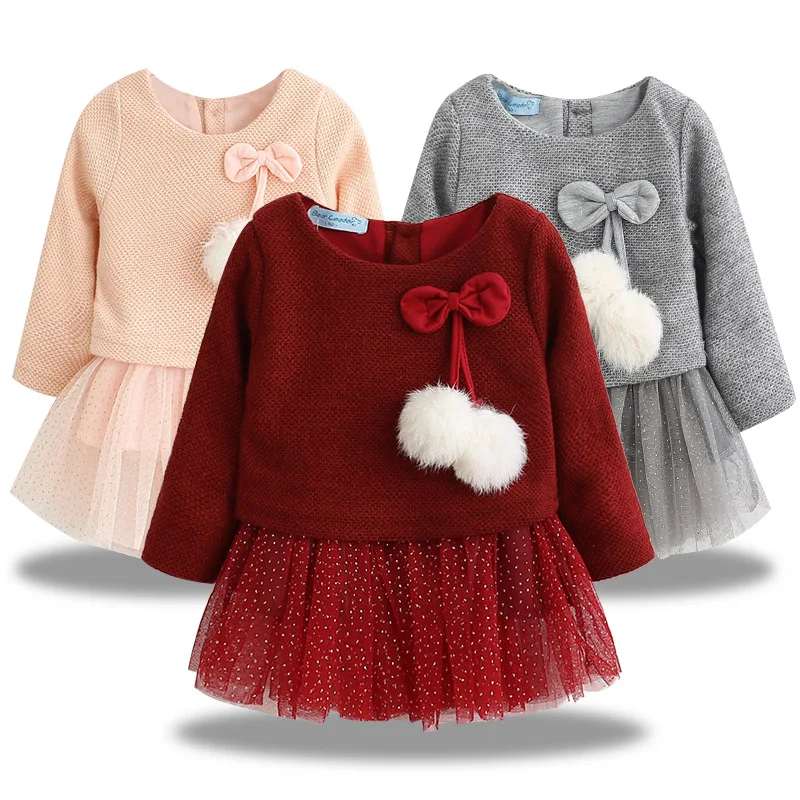 
autumn cotton venonat sleeve o-neck bow sequins mesh hem princess dresses for baby girl 