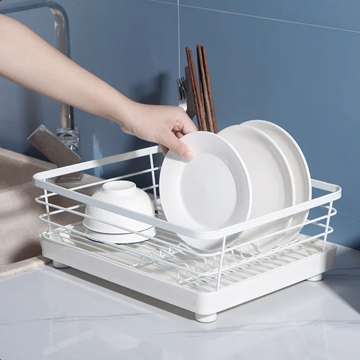 Dish drainer kitchen storage plate organizer Space Saving Dish Rack Iron Kitchen Drying Rack with a Cutlery Holder