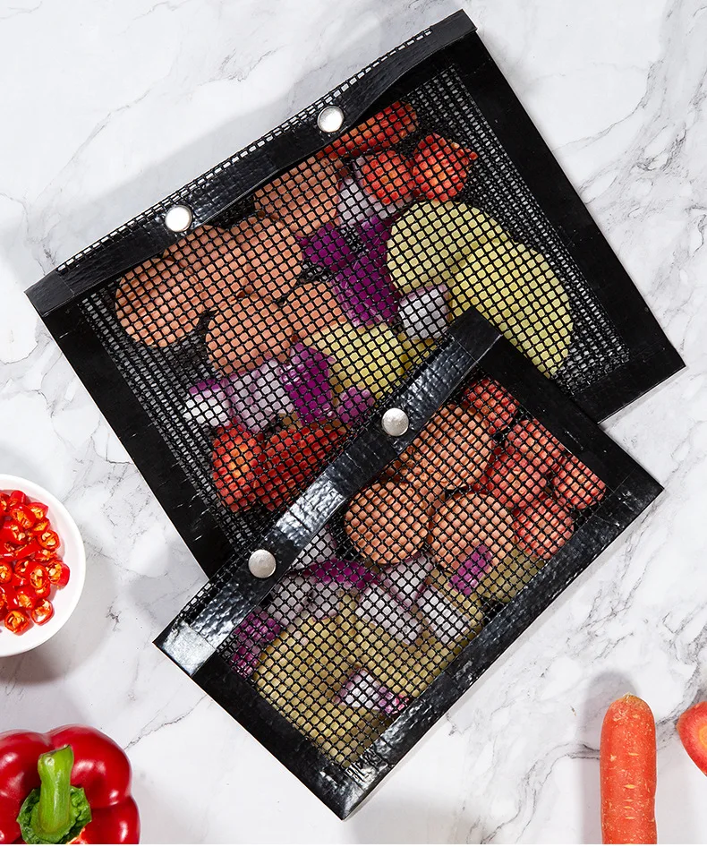 Professional Food Grade Outdoor Barbecue Grill Bags Non Stick Bbq Mesh Grill Bags Grade Fiberglass Coated Mesh Grilling Tool