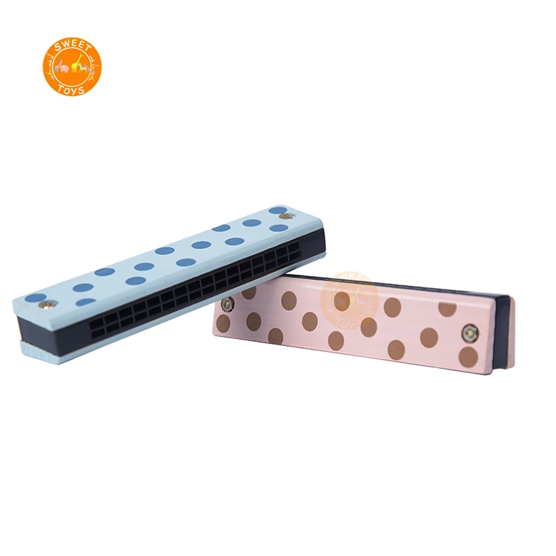 Wholesale wood kids polka dot musical instrument harmonica toys
