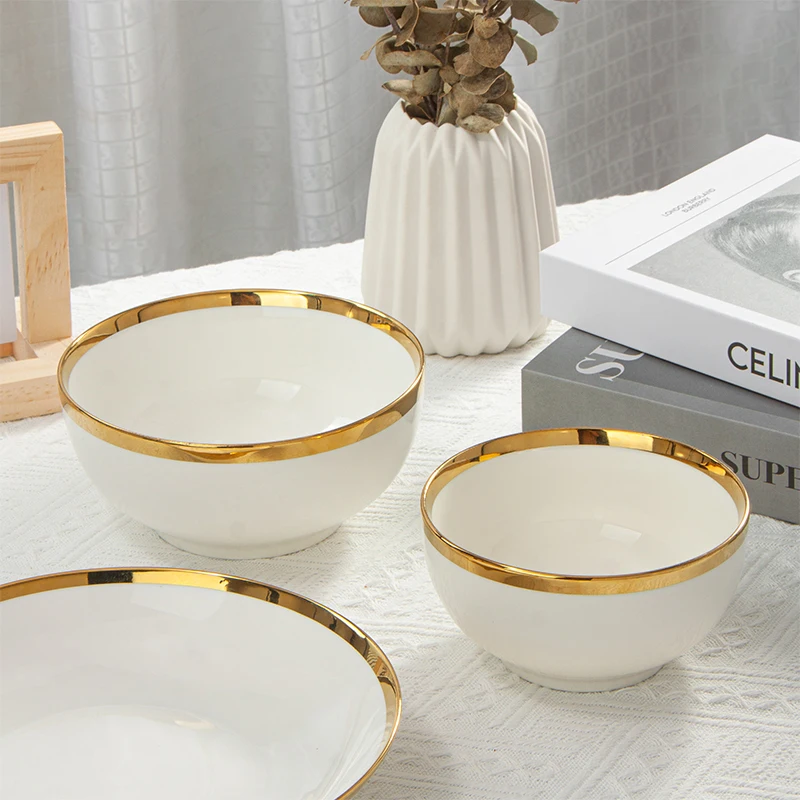White Gold Rim Ceramic Dinnerware Sets Best Selling Nordic Elegant Porcelain Plates Dinner Sets