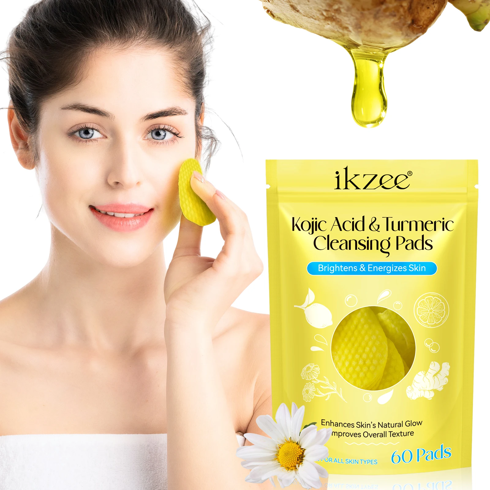 Ikzee 60 Pads Face Wash Products Turmeric Cleansing Pads and Whitening Exfoliating Kojic Acid Face Cleanser Pad for Acne Pore