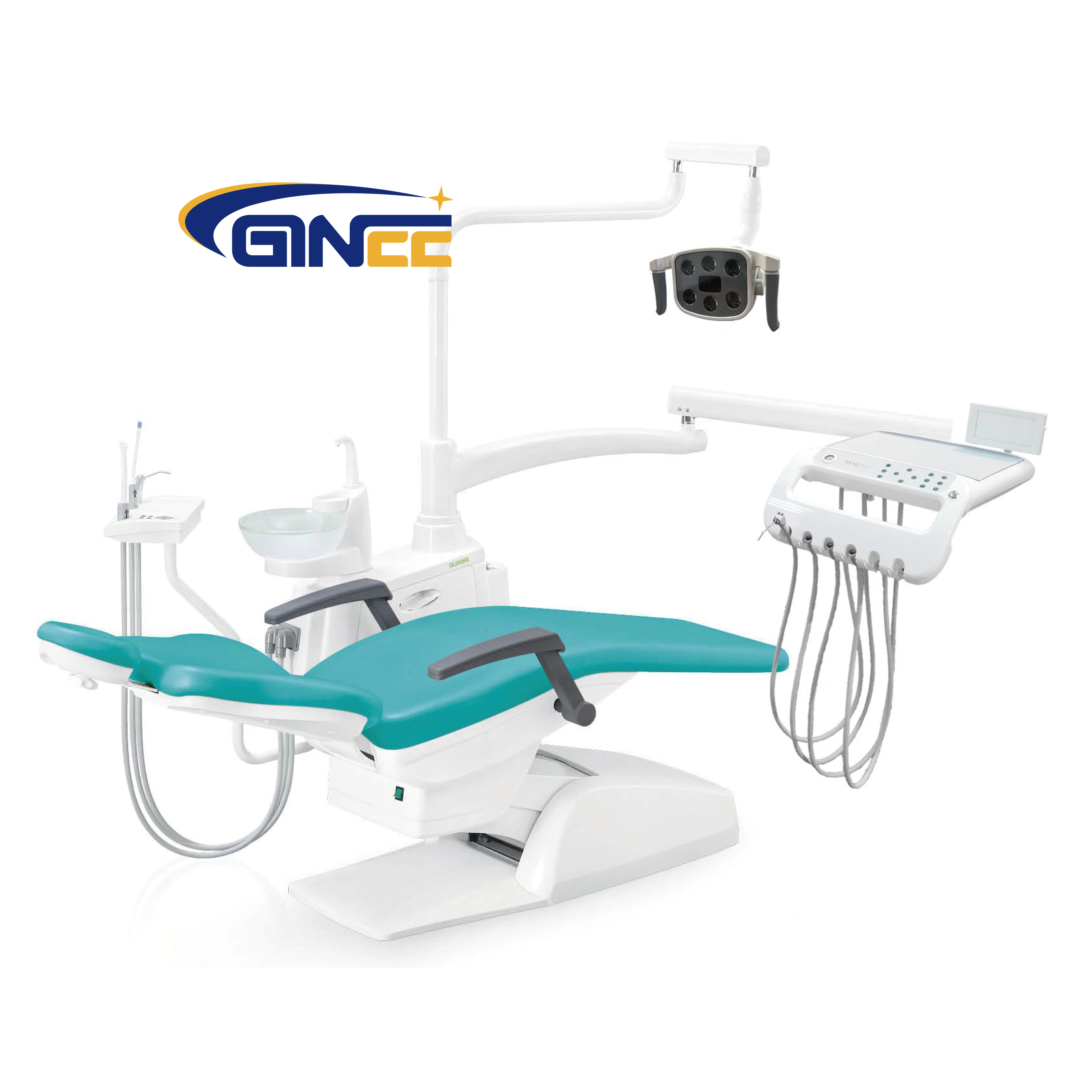 Ginee Medical dental unit dental chair with LED operation lamp and leather cushion dentist stool