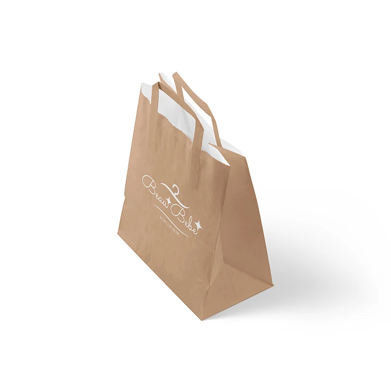 Индивидуальная перерабатываемая белая и коричневая сумка для покупок из крафт-бумаги с логотипом на плоских ручках