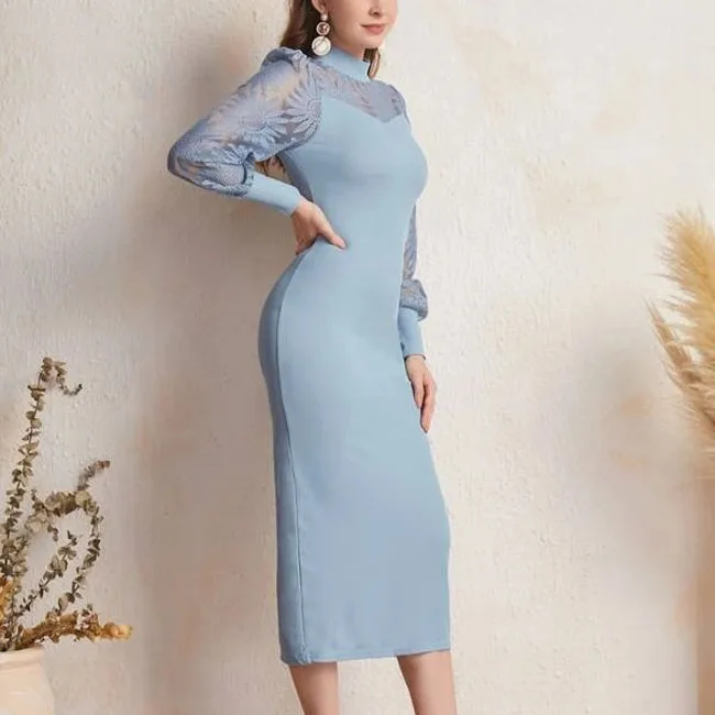 2022 Autumn/winter long sleeve stand-up collar lantern sleeve plaid career Dress women