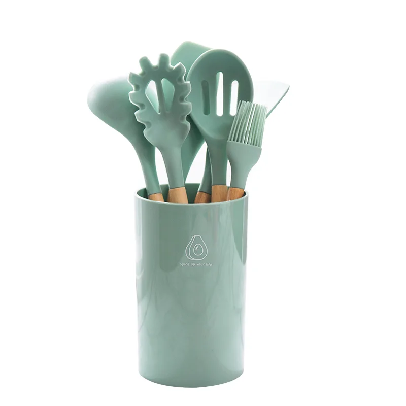 Wooden Handles Silicone Kitchen Cooking Tools Utensils Set 6pcs Silicone Scraper Spoon Oil Brush Food Grade Bamboo Color Box