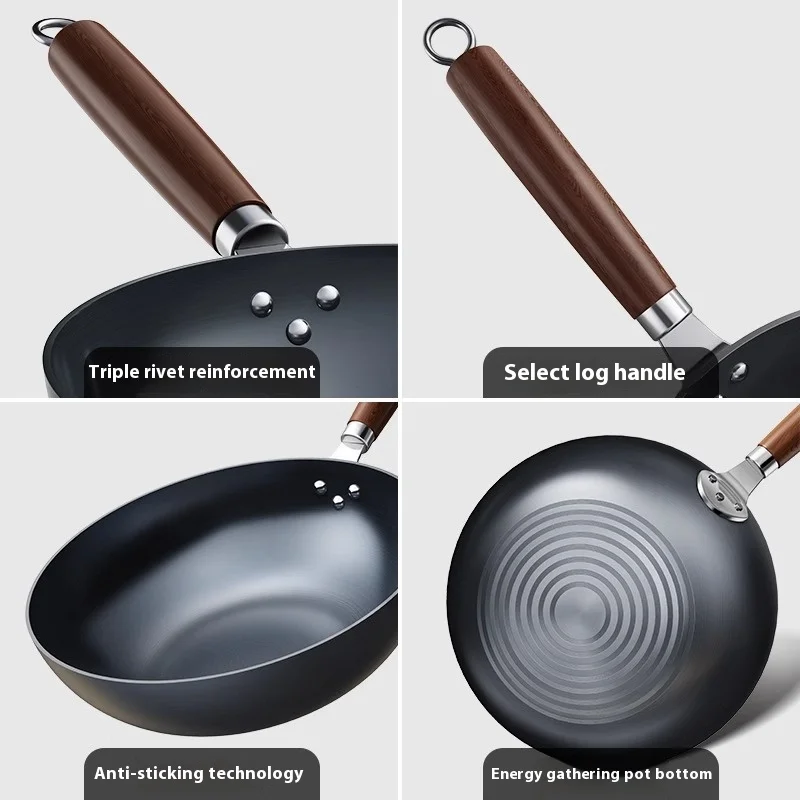 Traditional Household Iron Wok Non-Coated Non-Stick Pan with Lid for Induction Cooker Gas Chinese Style for Cooking