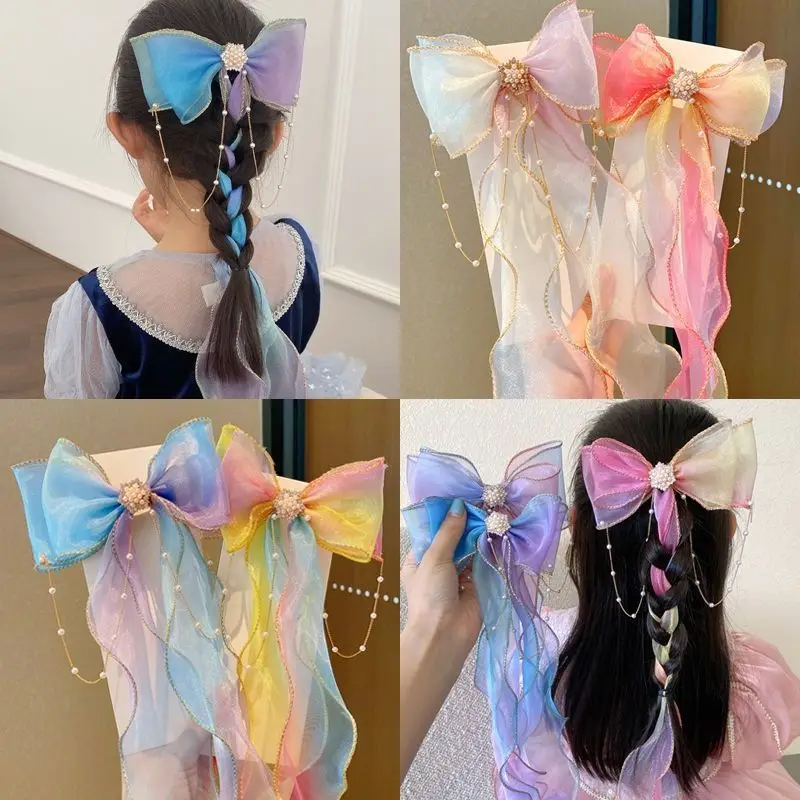 Children kids girl big bow hair clip hairpin sweet mesh hair accessories pearl diamond organza Butterfly Headdress