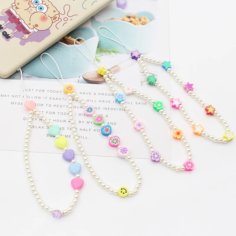 New Design Coloful Beaded Phone Chain Bohemia letter Polymer Clay Phone Charms Chain Acrylic Cell Phone Strap