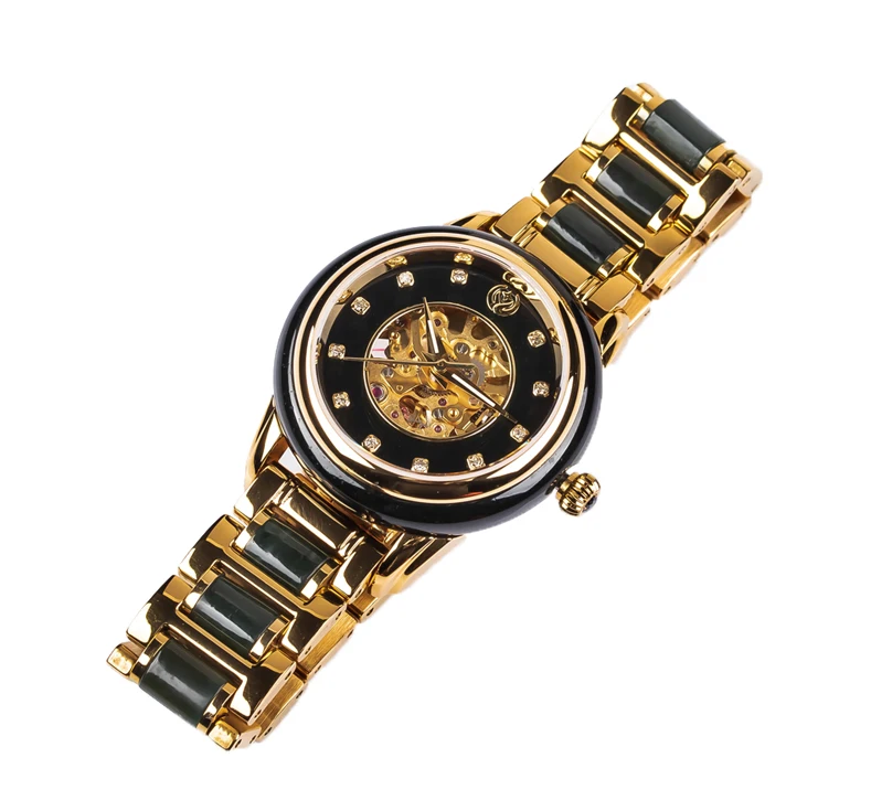 Collected Value Luxury Fashion Black Jade Watch Black Jade Stone Stainless Steel Mechanical Wrist Watches for Men