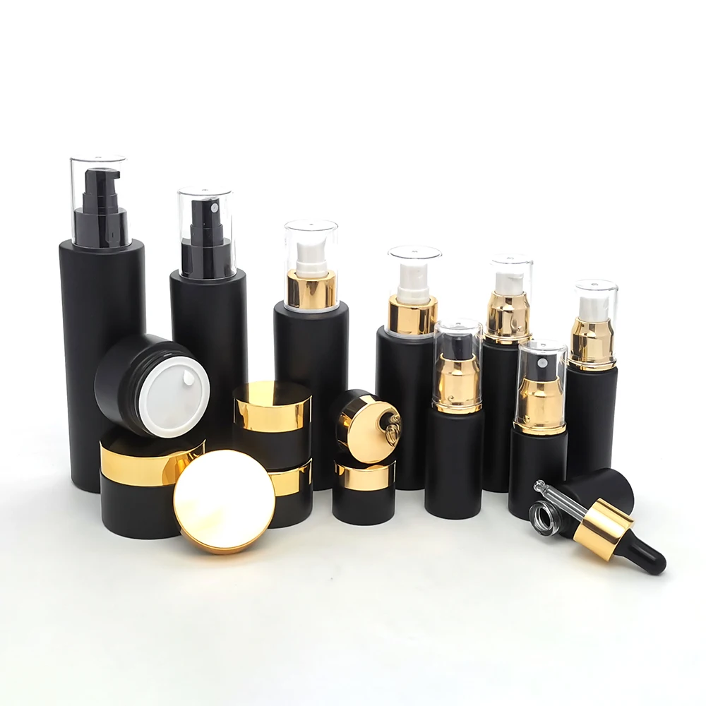 Luxury Black Empty Glass Cosmetic Packaging 15ml 30ml Pipette Oil Serum Pump Bottle with Gold Spray Pump