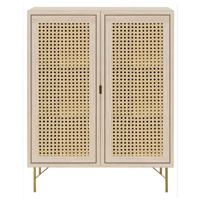 Jinsong Fashion Rattan Bedside Furniture 2 Door Bedroom Living Room Chest Small Wooden Rattan Storage Cabinet