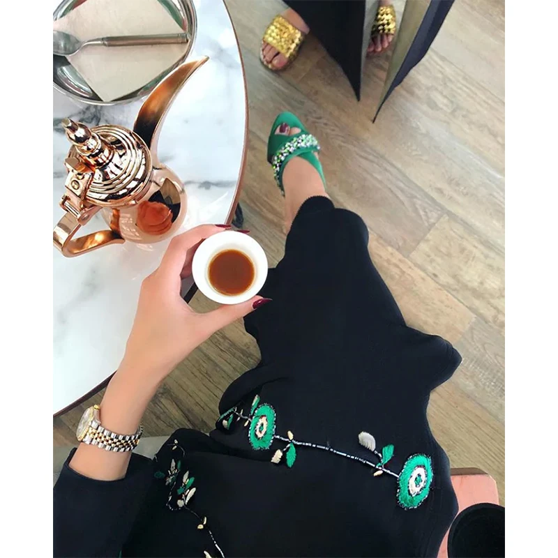 2024 New Design Open Abaya Black Arabic Luxury Handwork Pearls Embroidery Open Abaya