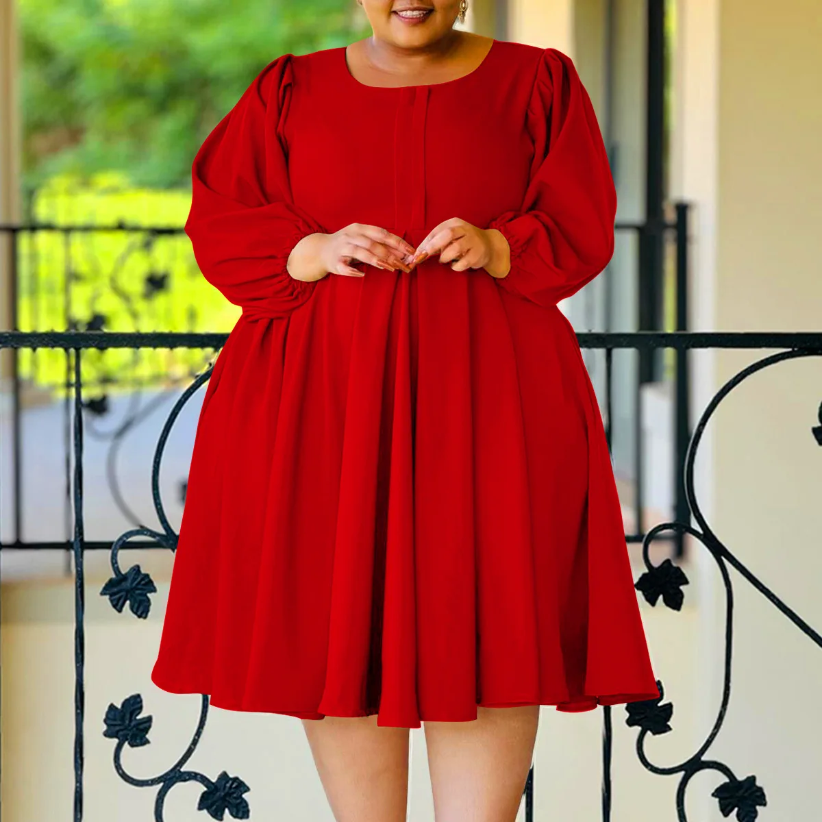 popular plus size women fall winter clothing Fashionable casual solid color big swing  puff sleeve loose dress