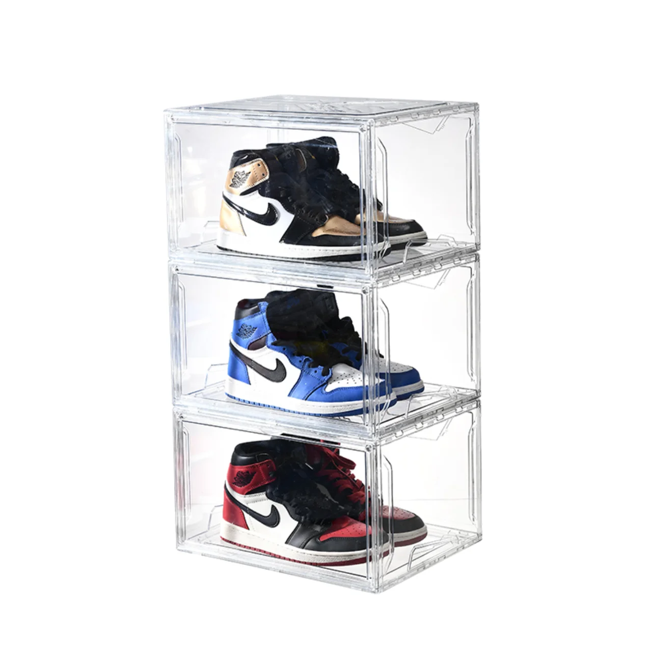 Folding transparent magnetic plastic storage transparent stackable side opening magnetic sneaker shoe box