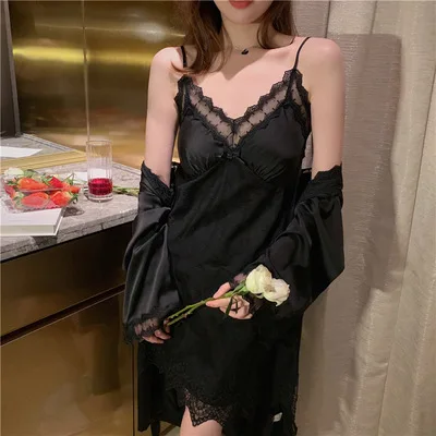 
Summer Gorgeous pajamas For Women Satin Sleepwear Lace Robe And Night Dresses Set 