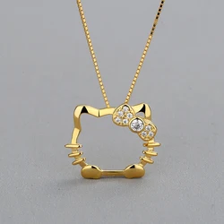 925 Sterling Silver Inlay Zircon Hello Kitty Pendant 18K Gold Plated Minimalist Trendy Korea Style Silver Necklace For Women