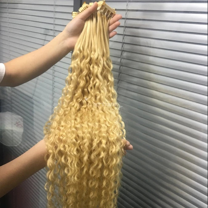 Top Quality cuticle aligned curly Blonde 6D hair extensions100% unprocessed virgin Russian water wave 6d human hair extension