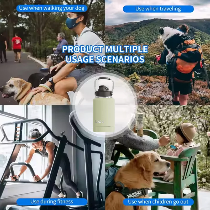 Fonwhy Custom 64 oz Large Capacity Stainless Steel Insulated Feeder Drinking Dog Cup Pet Outdoor Travel Water Bottle With Handle