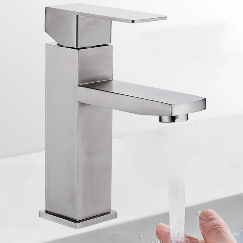 Square Basin Faucet Stainless Steel 304 Hot And Cold Basin Mixer Single Handle Brushed Nickel Sink Bathroom Tap