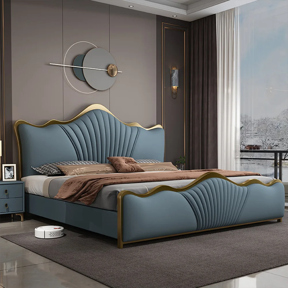 Italian Light Luxury Queen King Size Leather Bed Modern Soft Bag Double Bed Bedroom Furniture Up-holstered Bed Frame