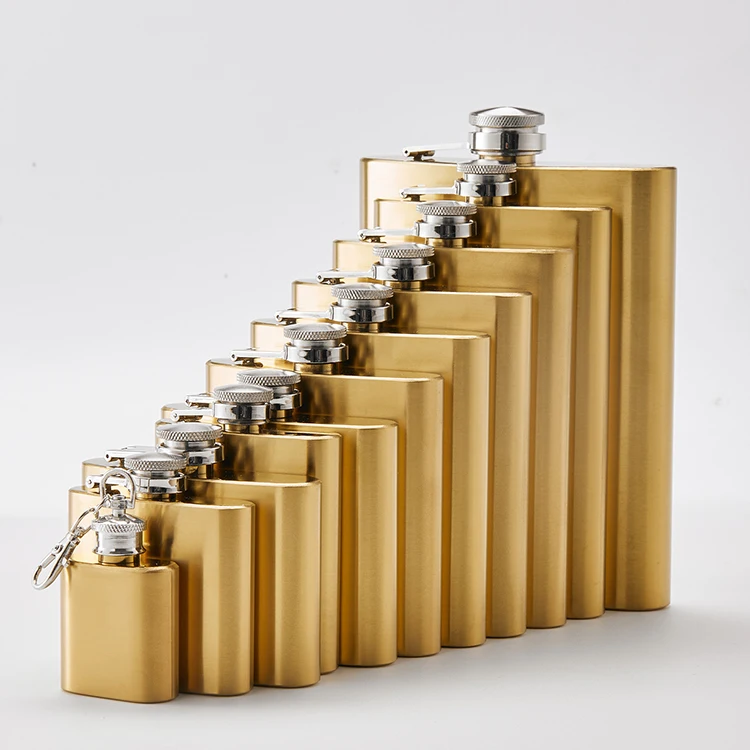 Custom Logo Portable Drinking Liquor Gold Color Stainless Steel Whiskey Hip Flask for Camping Travel Party