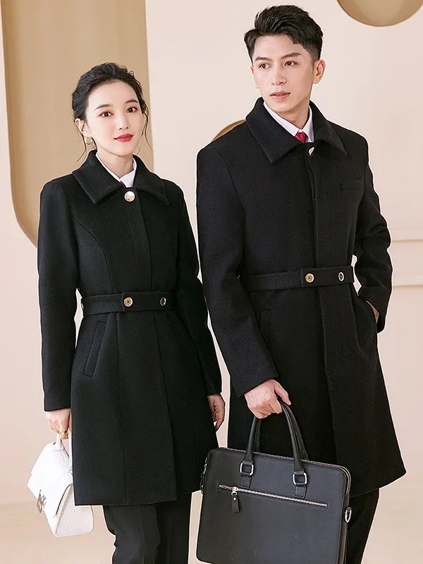 2024 OEM Custom men uniform custom logo polyester flight attendant tweed coat men hotel service clothes warm men work uniforms