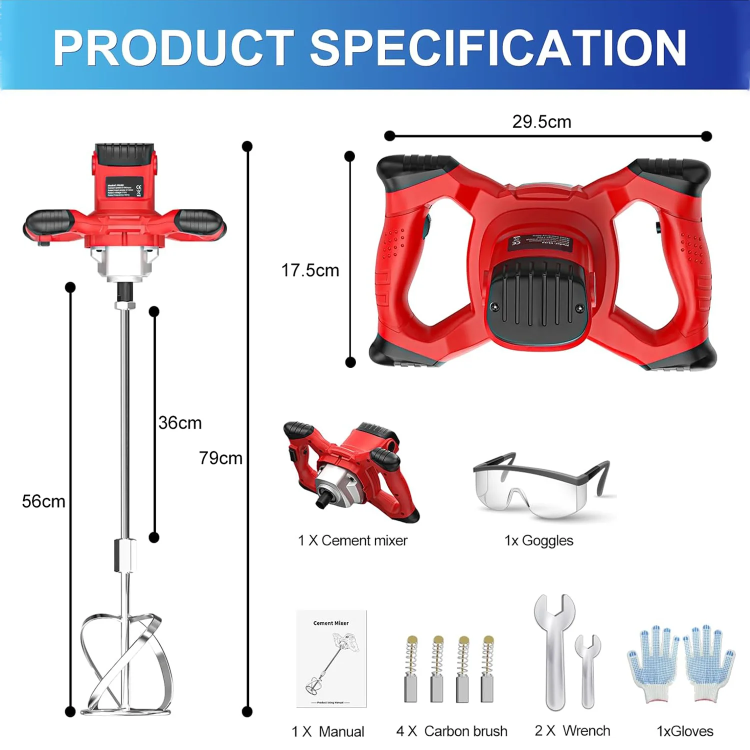 1600W Adjustable Speed Handheld Electric Concrete Mixer DIY Grade Cement Mortar Grout Plaster Drill with Battery Power Source