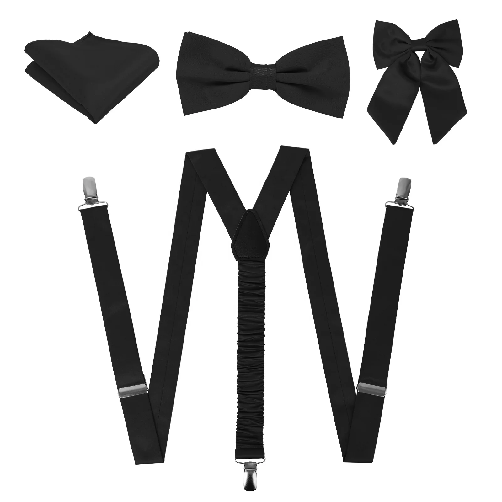 Solid Color Suspenders Pocket Square 4 Pieces Set for Men Adjustable Bow Tie for Wedding Prom Tuxedo