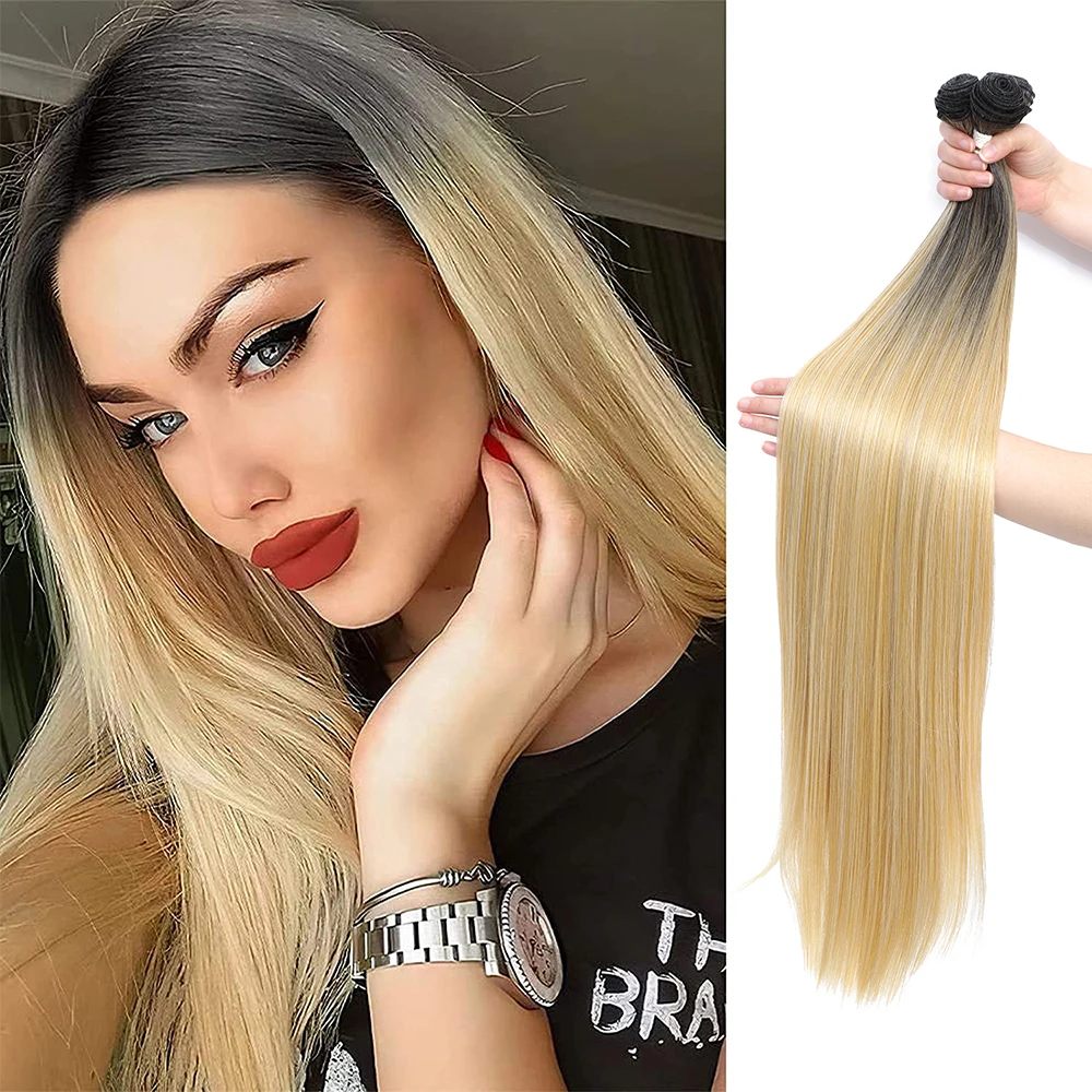 synthetic hair extensions Hot sale premium fiber 12 to 36 inches heat resistant ombre blonde weave bone straight hair bundles