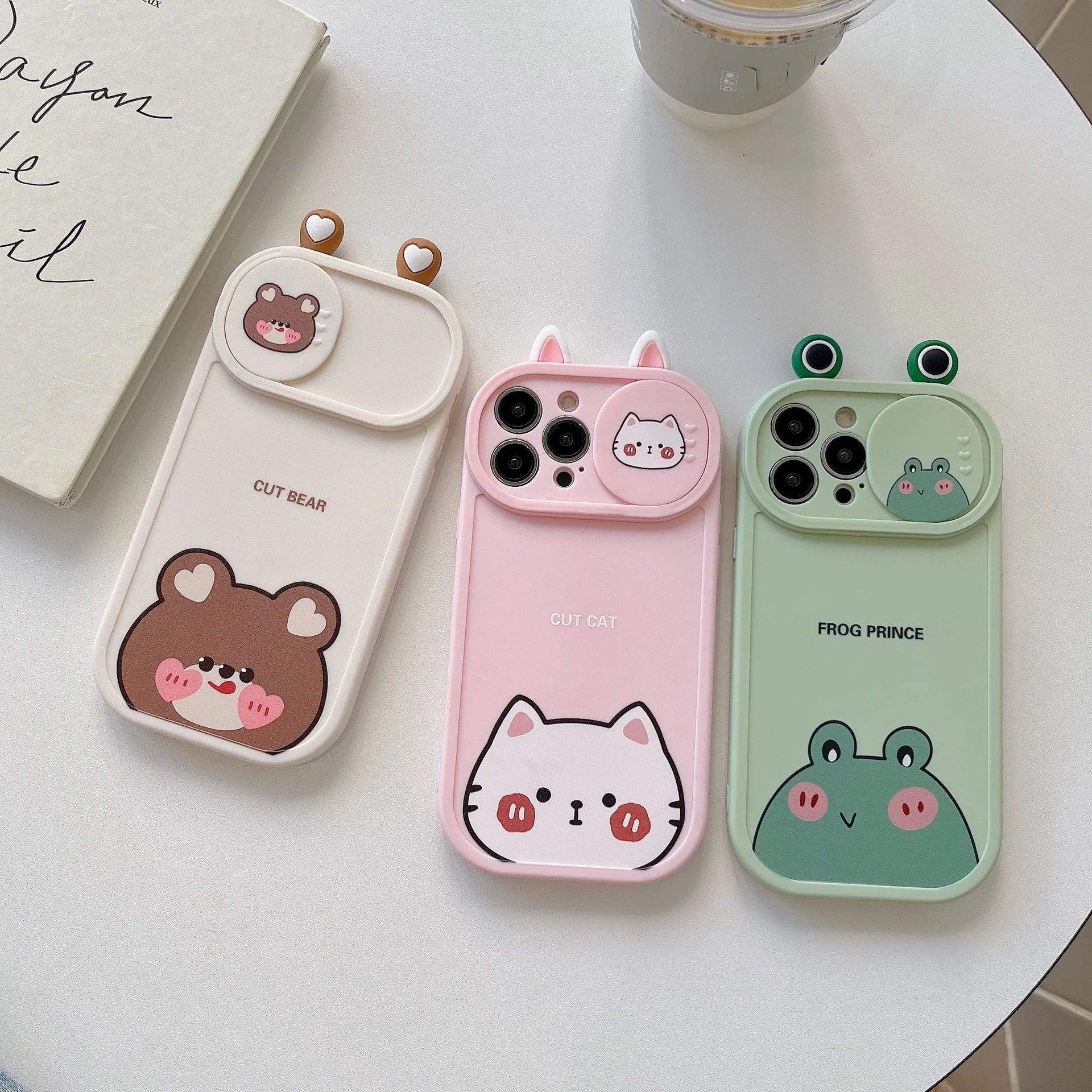 3D Cute Cartoon Bear Pink Cat Sliding Window Phone Case For iPhone 13 14 Pro Max 11 12 XR X Xs Max Camera Lens Protection Cover