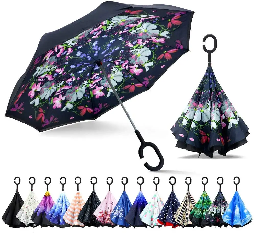 Patterns for Sun Windproof Double Layer Reverse Umbrella Model Minimalist Plastic C Handles Have Manual and Automatic Customized